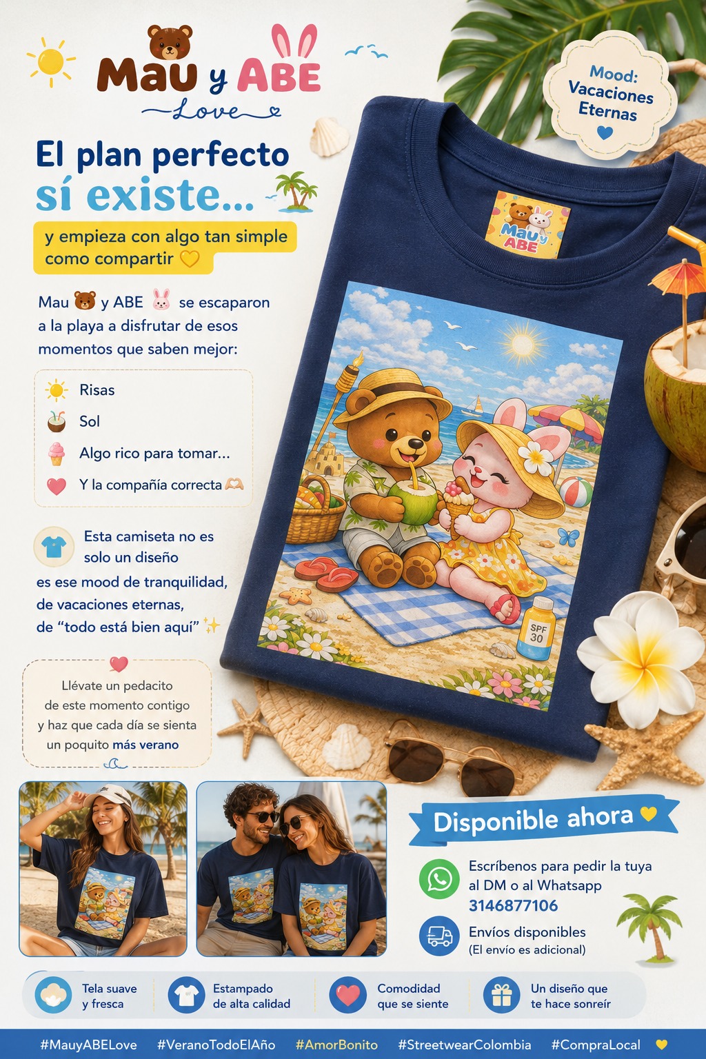 Camiseta azul marino Mau y ABE en la playa tomando agua de coco bajo el sol