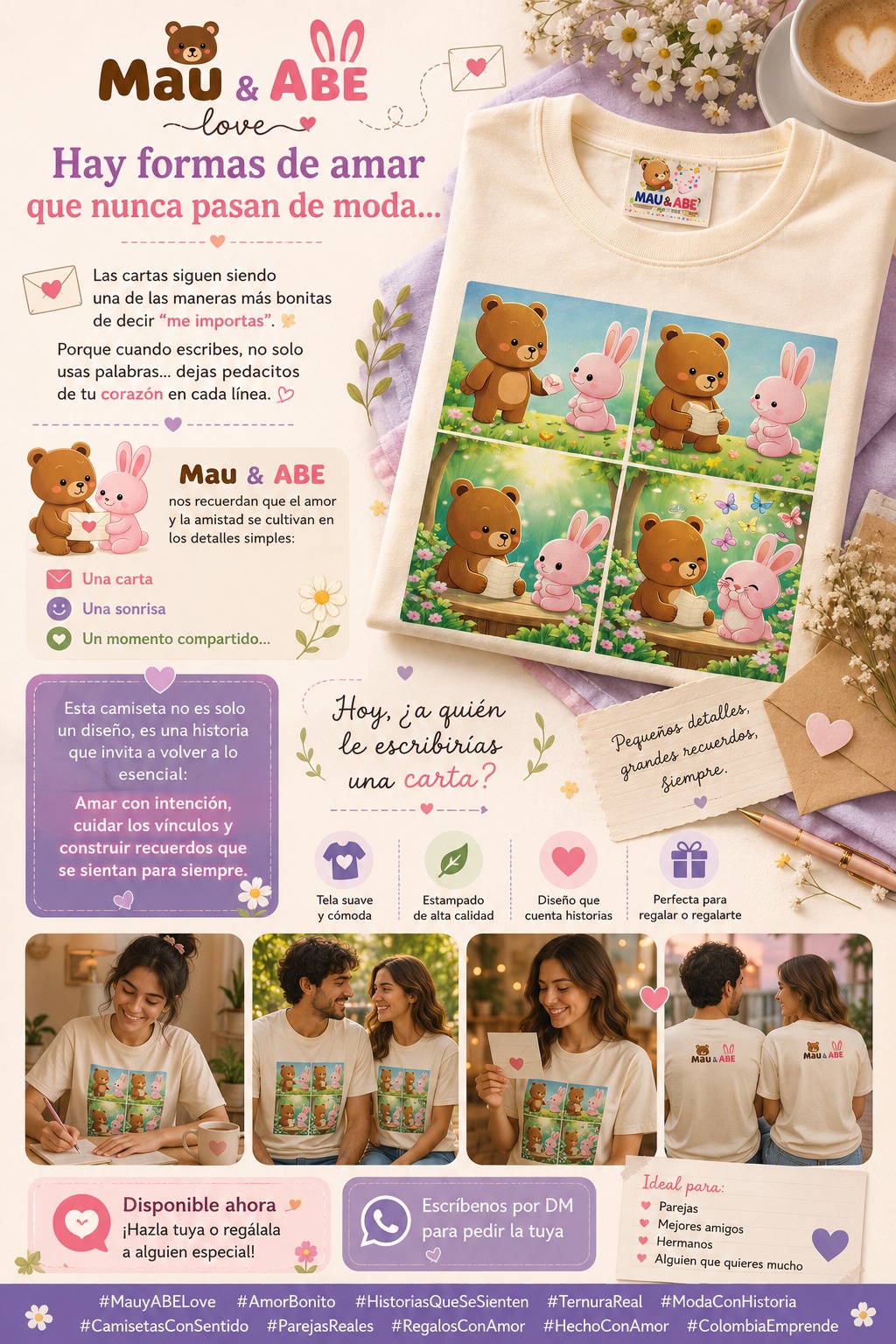 Camiseta crema con historieta de cuatro viñetas de cartas de amor entre Mau y ABE