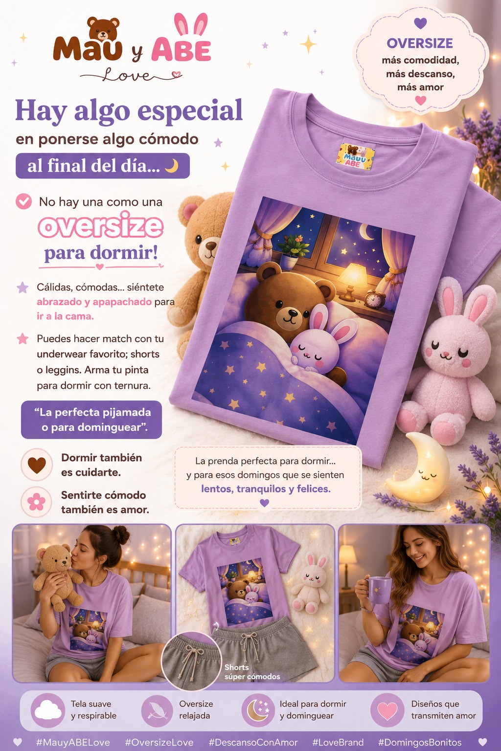 Camiseta lila oversize Mau y ABE para dormir calientito y descansar