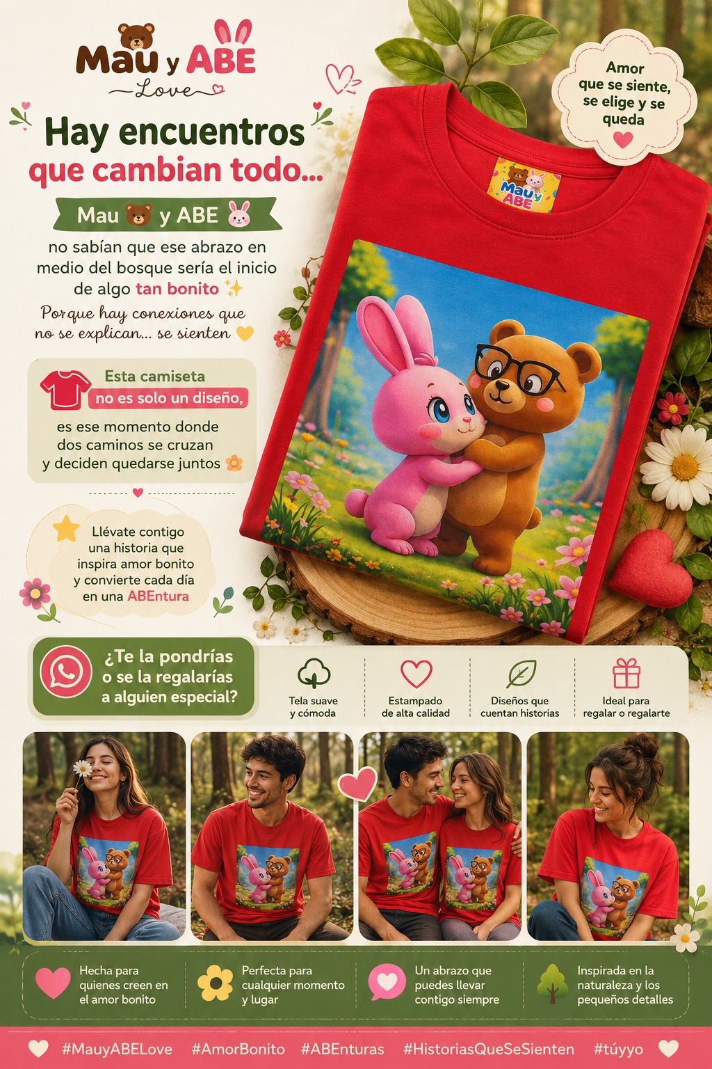 Camiseta roja Amor Bonito con Mau y ABE abrazándose en el campo de flores