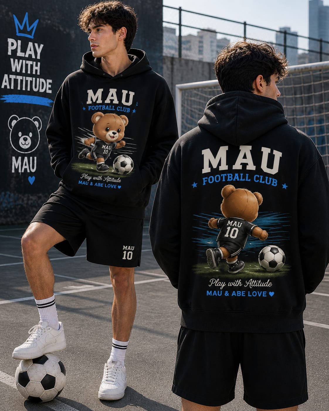 Hoodie Negro Mau Football Club con estampado de oso Mau jugando fútbol