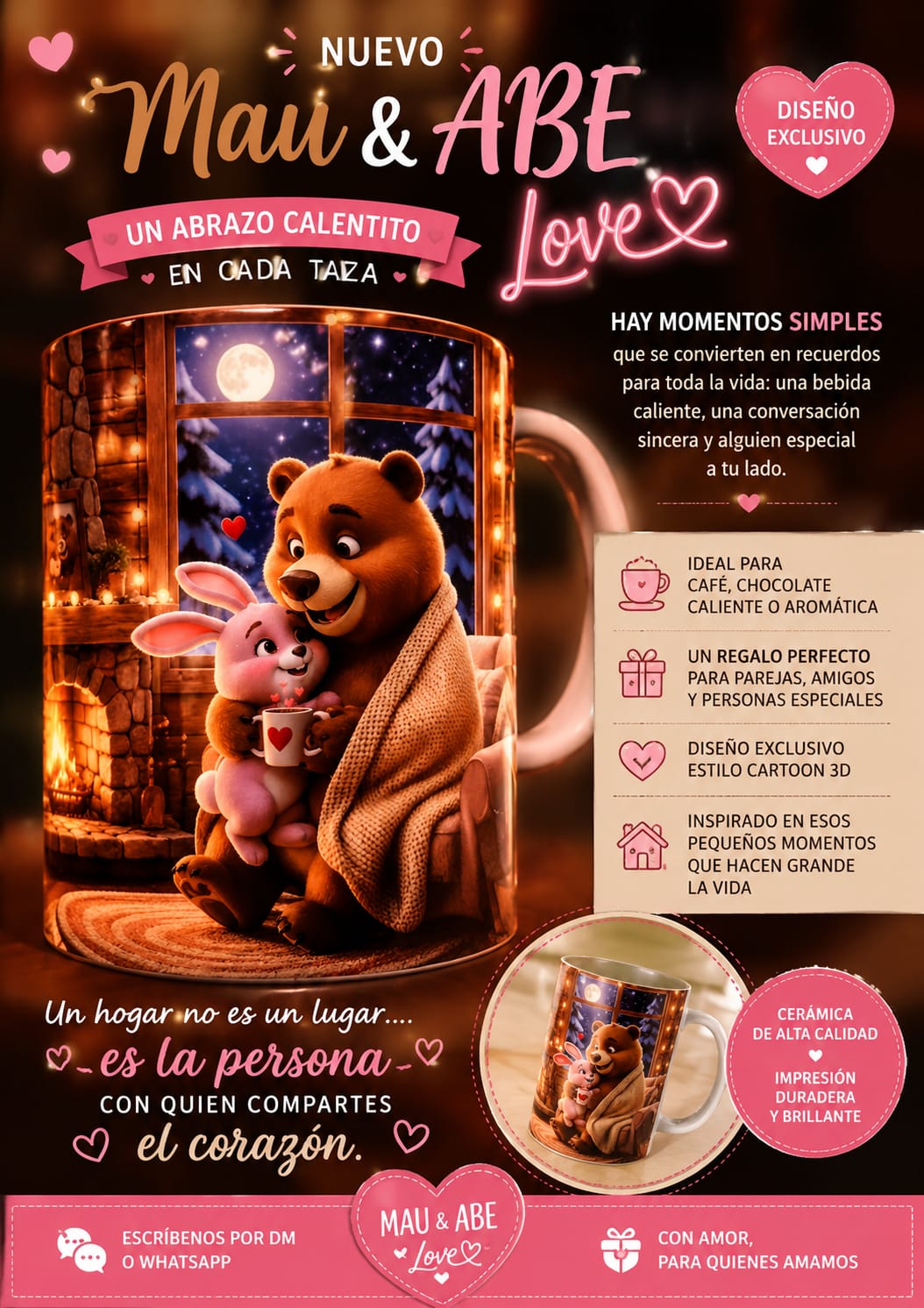 Mug de cerámica Mau y ABE con cobija junto a la chimenea en una noche de invierno